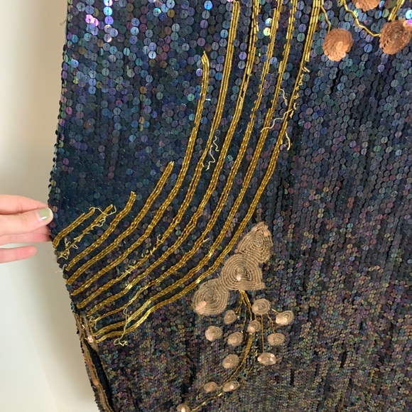 Chloe Silk Black Sequin Flower 3/4 Sleeve Dress Size L - Picture 10 of 11